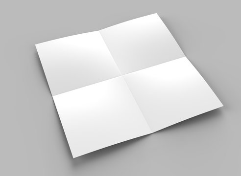 French fold square brochure flyer leaflet for mock up and template design. Blank white 3d render illustration.
