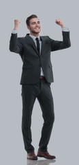 Excited smile business man raised arms, isolated over white