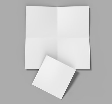 French fold square brochure flyer leaflet for mock up and template design. Blank white 3d render illustration.