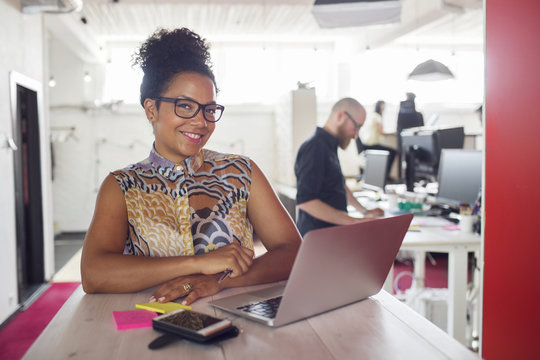 Smiling woman using laptop, coworkers in background