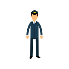 Airline pilot in blue uniform standing with bag, aircraft captain vector Illustration