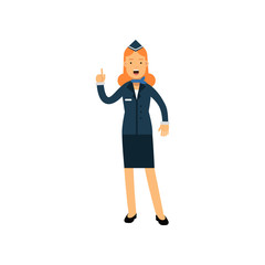 Stewardess in blue uniform standing with open mouth and pointing finger up vector Illustration