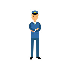 Airline pilot in blue uniform standing with folded hands, aircraft captain vector Illustration