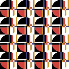 Geometric vector seamless pattern in retro style in primary colors. Modern colorful background with simple shapes in bright colors.
