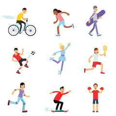 Fototapeta na wymiar Teen boys and girls engaging in different sports activities, sportive children practicing in class gym and outdoors cartoon vector Illustrations