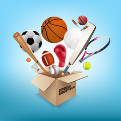 Sports equipment collection out of box with a football, basketball, baseball, soccer, tennis, ball volleyball, boxing gloves, cricket ball and badminton on light blue background. vector illustration.