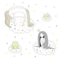 Hand drawn vector illustration of a cute funny unicorn, duck, frog and princess with long hair floating on clouds among stars, sleeping.