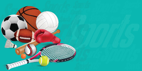 Recreation leisure sports equipment with a football basketball baseball soccer tennis ball volleyball boxing gloves and badminton as a symbol of healthy on green background. vector and illustration.