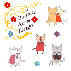 Hand drawn vector illustration argentine tango design elements - funny cats dancing and singing , playing bandoneon, traditional Buenos Aires fileteado ornaments.