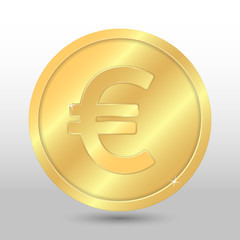 Realistic gold coin with euro sign. Vector coin on gray background