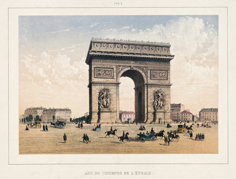 Old view of the Arc de Triomphe de l'Etoile, Paris. By Martinet and Aubrun, publ. in Paris, ca. 1855