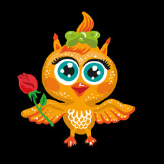 Vector cute owl. Cartoon character. Bird holding a rose flower.