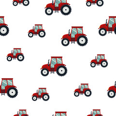 Seamless pattern red tractor on white background. Agricultural transport for farm in flat style - vector illustration. Farming vehicle