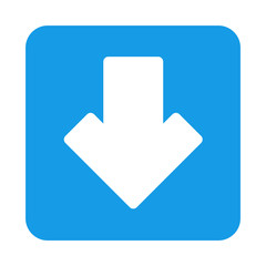 Icono plano flecha abajo en cuadrado azul