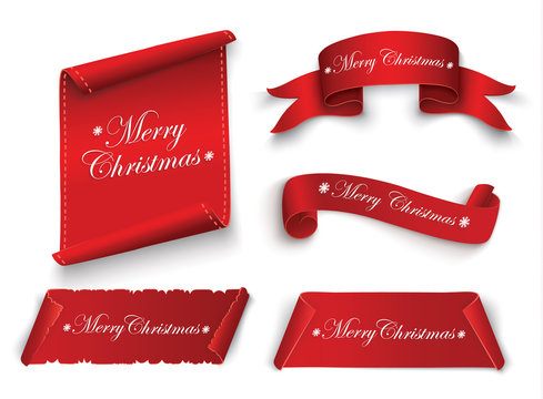 Red realistic detailed curved paper Merry Christmas banner isolated on white background. Vector illustration.