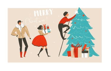 Obraz na płótnie Canvas Hand drawn vector abstract fun Merry Christmas time illustration greeting card with group of people,many surprise gifts boxes and Christmas tree isolated on craft paper background.