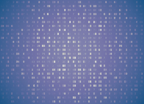 Vector hexadecimal code pale violet retro background. Big data and programming hacking, deep decryption and encryption, computer streaming byte source. Coding or Hacker concept hex-editor window