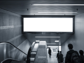 Mock up Banner in subway with escalator people walking Public building