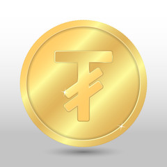 Realistic gold coin with tugrik sign. Vector coin on gray background