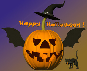 Halloween 3D illustration composition. Halloween pumpkin, witch hat, bat wings, black cat, gradient color background. Collection.