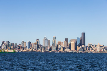 Fototapeta na wymiar Sunset over Seattle skyline in Washington state in the US