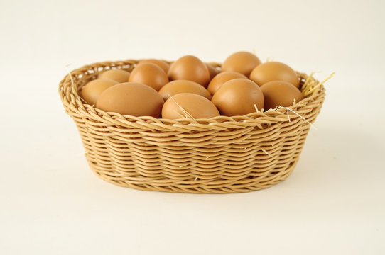 Eggs in basket isolated on white background