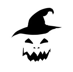 scary pumpking jack  face and witch hat black silhouette isolated on white background.