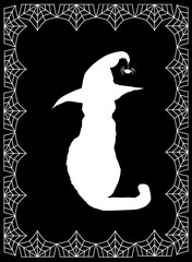 White silhouette of cat in witch hat  on black background framed with spiderweb