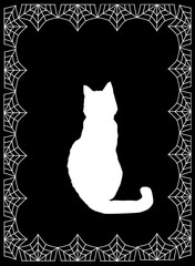 White silhouette of cat  on black background framed with spiderweb. Vector illustration.