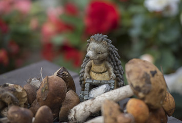 Autumn. Forest. Hedgehog and mushrooms.