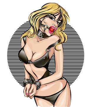 Sexy hot woman with BDSM equipment, wearing black latex underwear, handcuffs and red gag. Sex toys shop pop art pin up style vector illustration