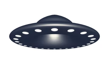 Fototapeten Außerirdisches Raumschiff UFO isoliert auf weißem Hintergrund 3D-Rendering. © oobqoo