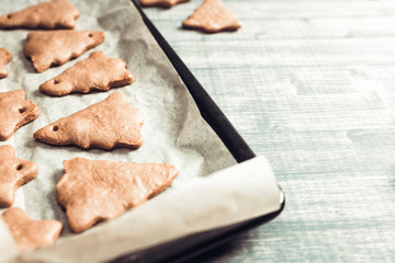 Christmas gingerbread chocolate cookies on baking pan. Fresh baked star and fir-tree shaped biscuits on wooden background