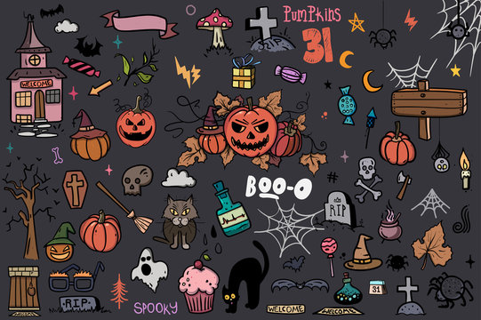 Halloween Doodle Set. Creative design for invitation and party. Hand Drawn Vector illustration for your design