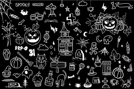 Halloween Doodle Set. Creative design for invitation and party. Hand Drawn Vector illustration for your design