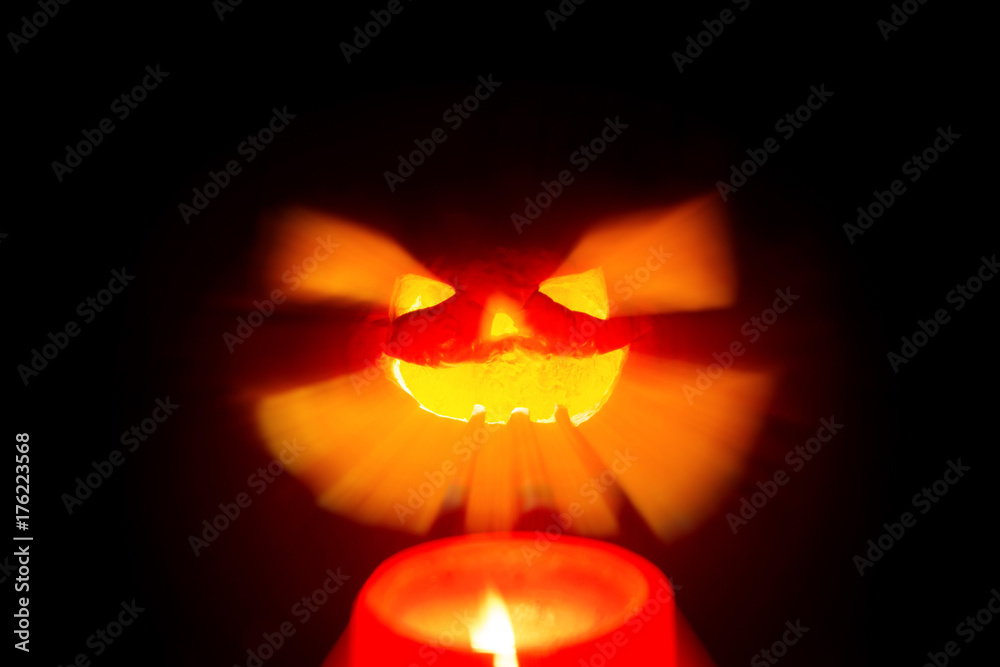 Poster Halloween Pumpkin. Scary glowing smoking monster pumpkin from depths of hell.