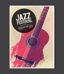 Music poster template. Vector Jazz music flyer background with acoustic guitar flat illustration. A4 size flyer.