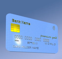 Credit card, bank card 3D illustration. Light blue texture on gradient blue background. Collection.