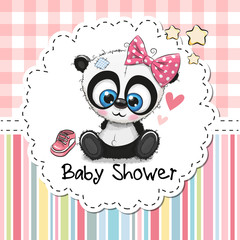 Obraz premium Baby Shower Greeting Card with Cartoon Panda girl