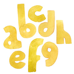 Large grainy watercolor bright letters. Bold alphabet sequence from A to H. Bright yellow font