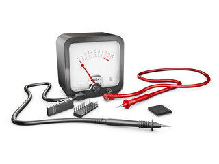 3d Illustration of electrician multimeter tester and chips, isolated on white