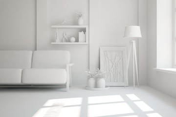Fototapeta na wymiar Idea of white room with sofa. Scandinavian interior design. 3D illustration