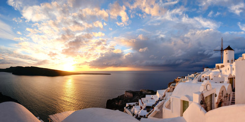 Sunset in Oia village on Santorini island, Greece