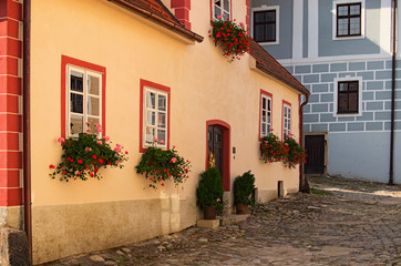 Fototapeta na wymiar Beautiful view of scenic narrow alley with historic traditional houses and cobbled street in Cesky Krumlov in summer