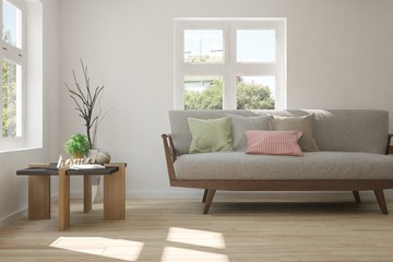 White room with sofa and summer landscape in window. Scandinavian interior design. 3D illustration