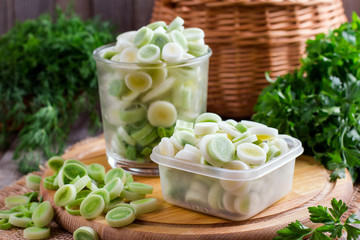 Green onion frozen on a cutting board