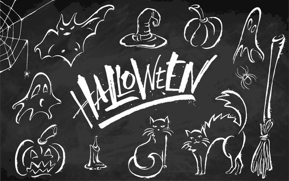 Halloween clipart set on blackboard background. Hand drawn pictures, vector illustration. Template for banners, posters, merchandising, cards or photo overlays.