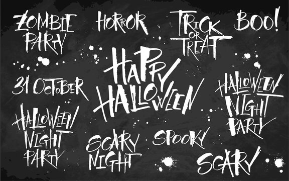 Halloween lettering set on blackboard background. Hand drawn pictures, vector illustration. Template for banners, posters, merchandising, cards or photo overlays.