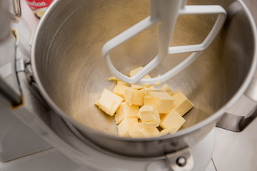 Flour and butter in dough mixing machine, bakery machine