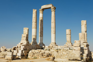 Ancient stone columns at the Citadel of Amman in Amman, Jordan.